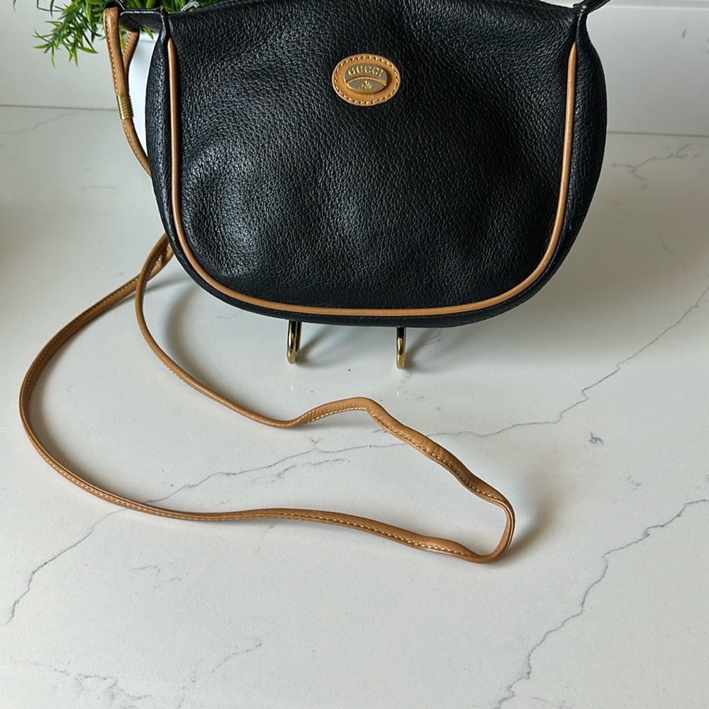 Vintage Gucci Plus Black Leather Crossbody Bag Mini 1980s - Picture 2 of 10